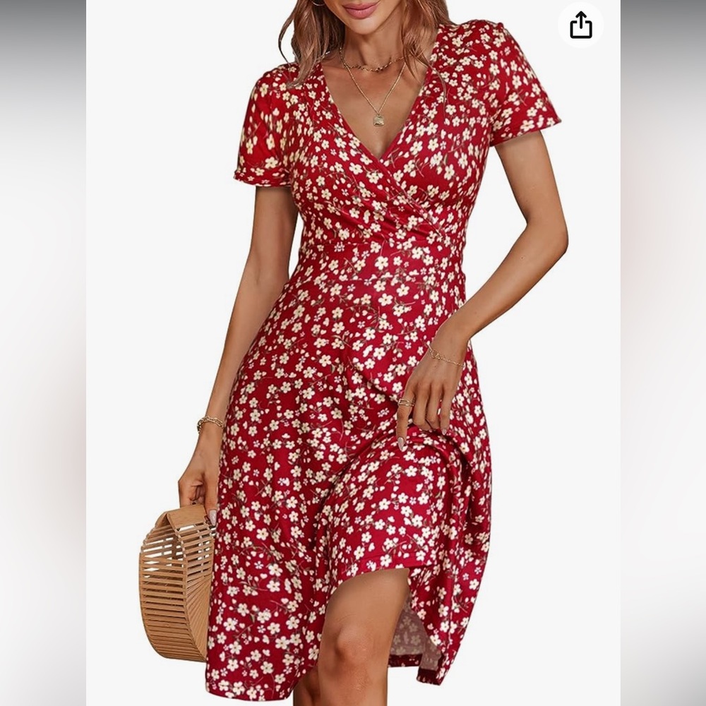 NWT | MS Basic Short Sleeve Deep V-Neck MIDI Dress | Size: S | Red Floral